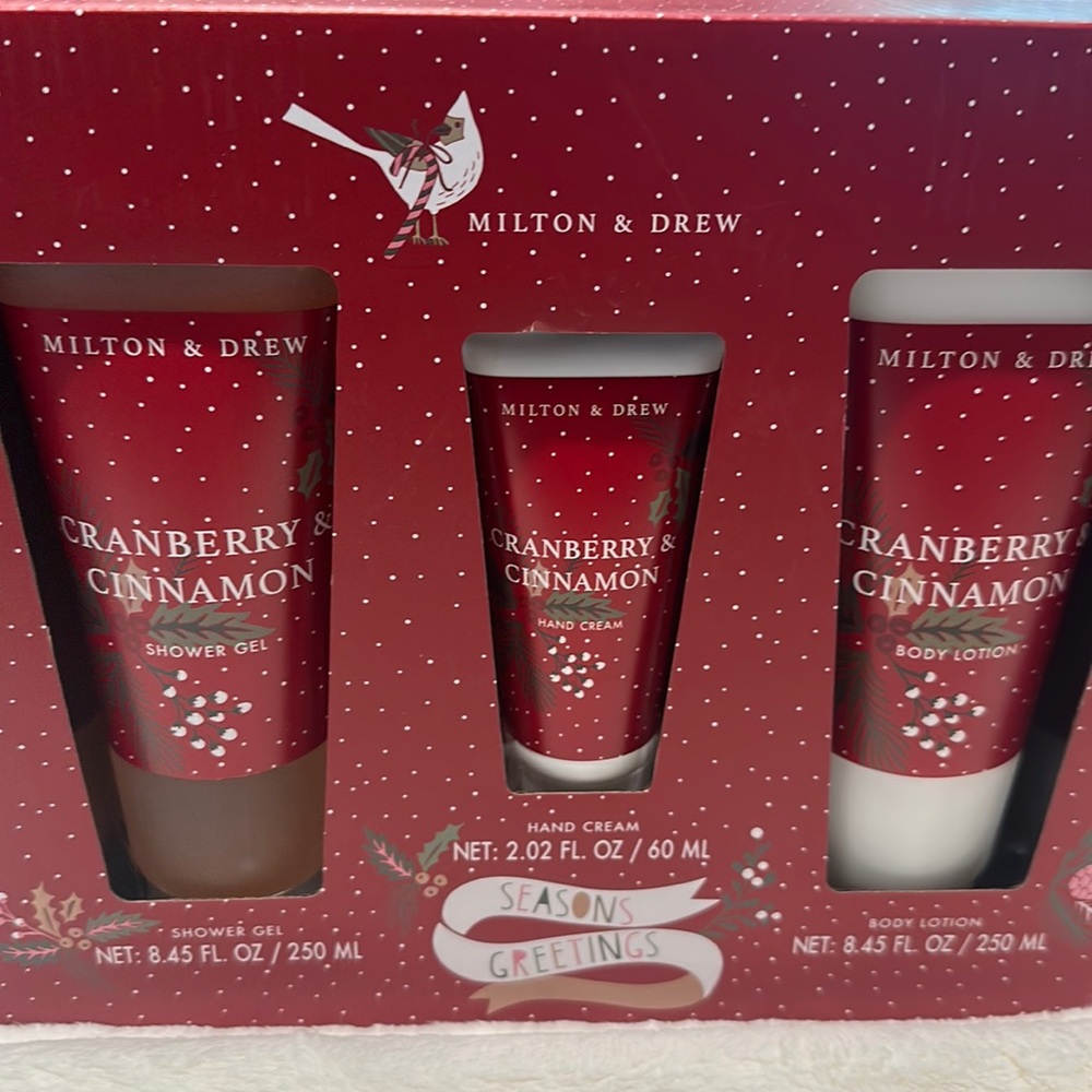 Milton & Drew Shower Ger/Hand Cream/Body Lotion in Cranberry & Cinnamon.
